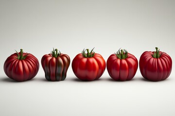 Poster - A set of ripe, red tomatoes isolated on a white background, captured in a top-down, flat lay composition, with a front-side view. High-resolution photography