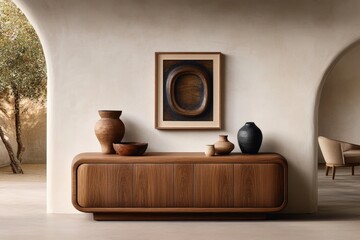 Leinwandbilder - A sideboard in an interior design, the cabinet is made of wood and has four doors. It stands against a white wall with an arched window frame above it. On top, there's a large picture framed