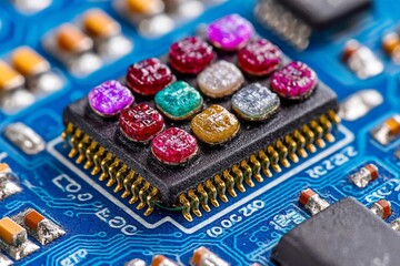 Fototapete - Colorful microchips arranged on a blue circuit board showcasing advanced technology components and intricate design