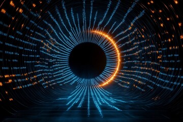 Poster - A symmetrical pattern of glowing lights forms an intricate tunnel, with orange and blue hues creating depth in the scene. The composition includes a central circle of bright LED light patterns