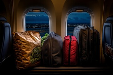 Leinwandbilder - A view of the window from inside an airplane, with various luggage and bags on board. The light is a warm yellow, as if it were dawn or dusk outside. In one bag, there's food in paper takeout