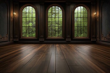 Leinwandbilder - An empty room with three large windows on the wall, casting beautiful light patterns onto an elegant wooden floor. The walls feature dark wood paneling and intricate trim work, creating a sense