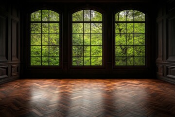 Leinwandbilder - An empty room with three large windows on the wall, casting beautiful light patterns onto an elegant wooden floor. The walls feature dark wood paneling and intricate trim work, creating a sense