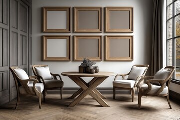 Leinwandbilder - An empty white wall with wooden frames in the center of it, six picture frame mockups on the wall, a light pink and beige color scheme, Scandinavian-style interior design for a child's room,