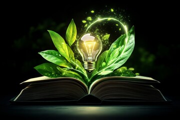 Poster - An open book with an illuminated light bulb and tree leaves floating above it, symbolizing knowledge and inspiration. The background is a serene landscape with trees in the distance, representing