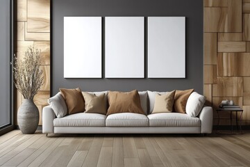 Poster - Blank white picture frame mockup hanging on the wall in a modern living room, with soft natural lighting, an airy and bright atmosphere, a minimalistic style with decorative elements, a large