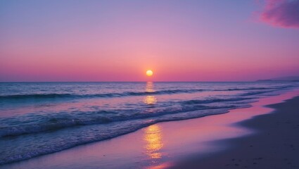 Wall Mural - morning panorama of calm sea with soft pink sky, blue waters, and yellow sun reflection on a tropica