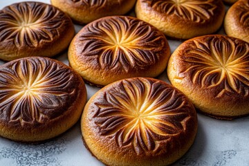 Leinwandbilder - Buttery cookies, patterned and arranged on a white background, close-up shot, top view, food photography, delicious, with a golden-brown texture, golden-brown crisp edges, and a light yellow