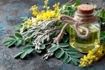 Poster - Natural oil and herbs arrangement on textured surface with yellow flowers and green leaves