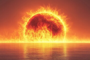 Fototapete - Vibrant sun rising over calm water creating a breathtaking display of fire and light at dawn