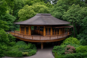 Poster - In front of the bamboo building, there is an open-air exhibition hall with wooden columns and beams that form large roof structures made from natural wood materials. The exterior walls feature