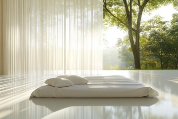 Poster - Minimalist bedroom design with natural light and greenery view in tranquil setting