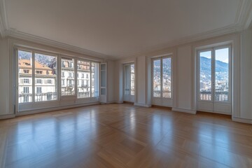 Poster - Spacious empty room with large windows overlooking a scenic cityscape in the mountains during daylight