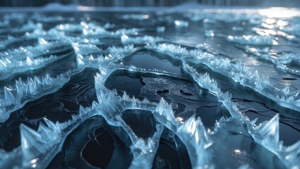 Wall Mural - cracked ice patterns on a frozen lake background