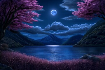 Poster - The ethereal and dreamy style of the game's CG background scene features a lake in the foreground, with pink grass on both sides, distant mountains covered by clouds, and the moon shining above.