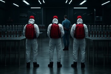 Poster - Two men in white hazmat suits with red caps and backpacks stand at the entrance to an empty laboratory. Behind them, another man wearing light blue overalls stands on one leg next to metal tables