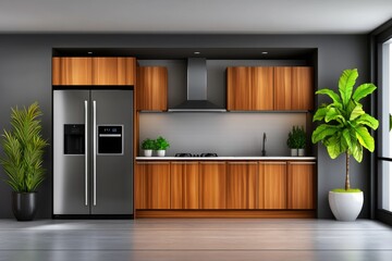 Poster - a 2D cartoon illustration of a minimalist kitchen design with clean lines, simple and modern, white background
