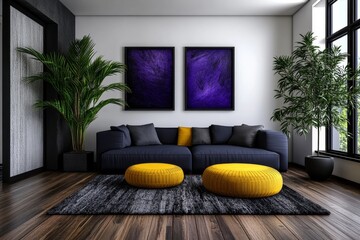 Wall Mural - a 2D cartoon illustration of a minimalist studio apartment, simple and functional, white background