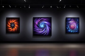 Wall Mural - a 2D cartoon illustration of a modern art gallery interior, minimalist and bright, white background