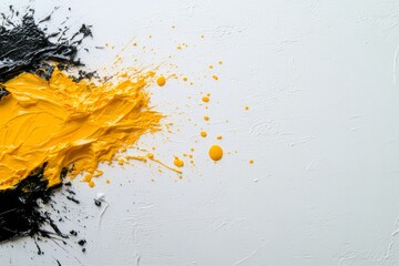 Poster - Close-up of abstract paint showcasing vibrant black and yellow splashes on textured white canvas, highlighting energy and contrast with space for text