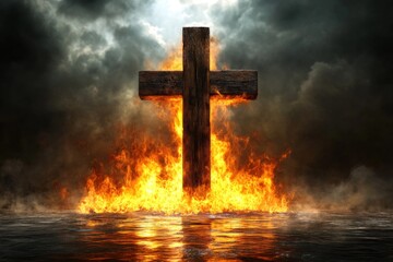 Aufkleber - Wooden cross engulfed in flames with dark stormy sky background and reflective water at dusk