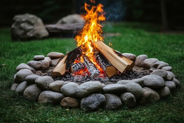 Poster - Cozy campfire surrounded by stones in a lush green backyard during evening hours