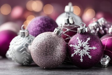 Poster - Colorful Christmas ornaments arranged on a festive surface during the holiday season
