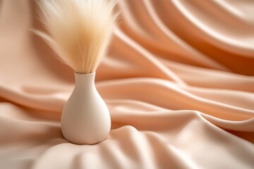 Poster - Close-up view of delicate pampas grass arranged in a minimalist vase, complemented by flowing beige fabric on a textured white surface for a tranquil aesthetic