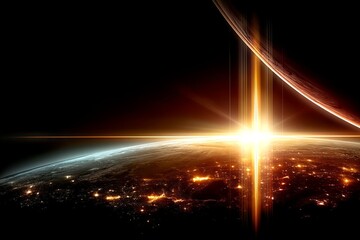 Aufkleber - Colorful sunrise over Earth with planet in the background and a luminous starburst effect