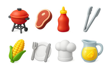 Bbq and grilling icon set – 3d style summer cookout and outdoor dining symbols: grill, steak, ketchup bottle, tongs, corn, fork and plate, chef hat, lemonade pitcher