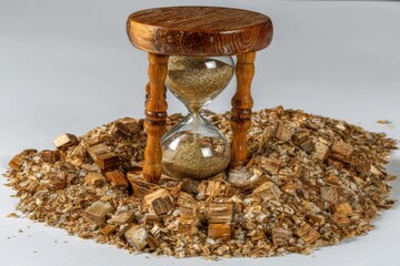Leinwandbilder - Hourglass atop a mound of wood shavings and small wooden pieces in a minimalist setting
