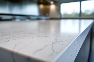 Fototapete - Close-up view of a marble kitchen island highlights polished granite textures within a minimalist interior, creating an inviting and bright space for cooking