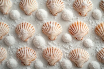 Poster - Beautiful arrangement of scallop shells and salt on a white background showcasing nature's delicate treasures