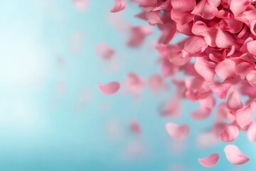 Poster - Delicate pink flower petals drift gracefully in the air, set against a calming pastel blue backdrop, creating a whimsical and enchanting atmosphere