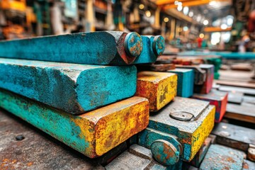 Poster - Colorful metal bars stacked in an industrial warehouse setting during daytime hours