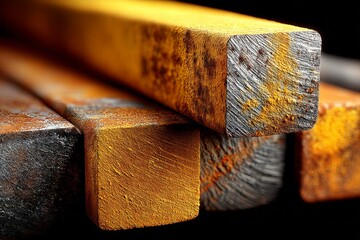 Poster - Rusty metal bars exhibiting various textures and colors in a close-up view captured under a low light setting