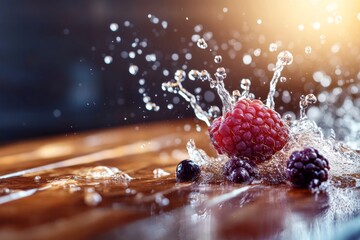 Poster - A single blackberry is captured mid-air, splashing water droplets against a high-contrast black background, creating a vivid and refreshing visual impact