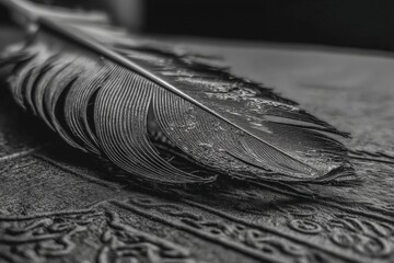 Poster - Feather resting on an ornate wooden surface in black and white capture