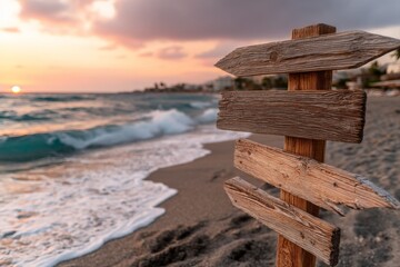 Aufkleber - Wooden signpost stands on a tranquil beach as the sun sets over gentle waves and sandy shore