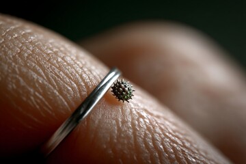 Poster - Close-up view of a unique ring featuring a distinctive design on a fingertip showing exquisite detail and texture