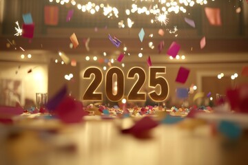 Fototapete - Golden numeral centerpiece displays 2025, surrounded by colorful confetti and sparklers, creating a festive and joyful ambience for a new year's celebration