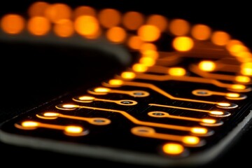 Fototapete - Close-up of glowing circuit board with orange LEDs illuminating intricate pattern