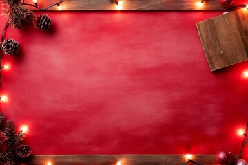 Aufkleber - A rustic wooden frame is artfully arranged with string lights, pinecones, and ornaments on vibrant red velvet, creating a cozy holiday ambiance