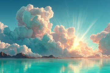 Aufkleber - Beautiful sunset over tranquil ocean with fluffy clouds and mountain silhouettes in the background