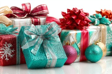 Poster - Colorful holiday gifts arranged elegantly with shiny ornaments on a bright festive background