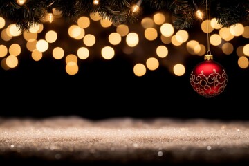 Poster - An ornate red Christmas bauble hangs from a snow-covered branch, illuminated by warm golden bokeh lights, creating a festive atmosphere perfect for the holiday season