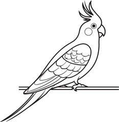 Wall Mural - clean black and white outline of a cockatiel bird shown from the side with detailed feathers long ta