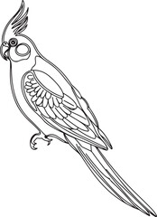 Wall Mural - minimalist outline of a cockatiel bird in black and white featuring a crested head long tail and det