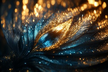 Fototapete - Intricate texture of shimmering blue and gold fibers captured in a close-up art piece at an evening gallery exhibition
