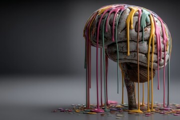 Poster - Brightly colored melted brain sculpture drips with paint on a gray background during a creative art exhibition